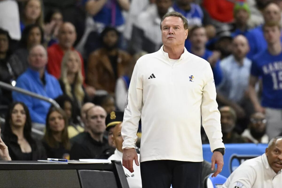 Mar 20, 2025; Providence, RI, USA; Kansas Jayhawks head coach Bill Self reacts during the first half against the Arkansas Razorbacks at Amica Mutual Pavilion. Mandatory Credit: Eric Canha-Imagn Images