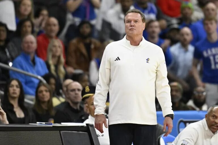 Mar 20, 2025; Providence, RI, USA; Kansas Jayhawks head coach Bill Self reacts during the first half against the Arkansas Razorbacks at Amica Mutual Pavilion. Mandatory Credit: Eric Canha-Imagn Images