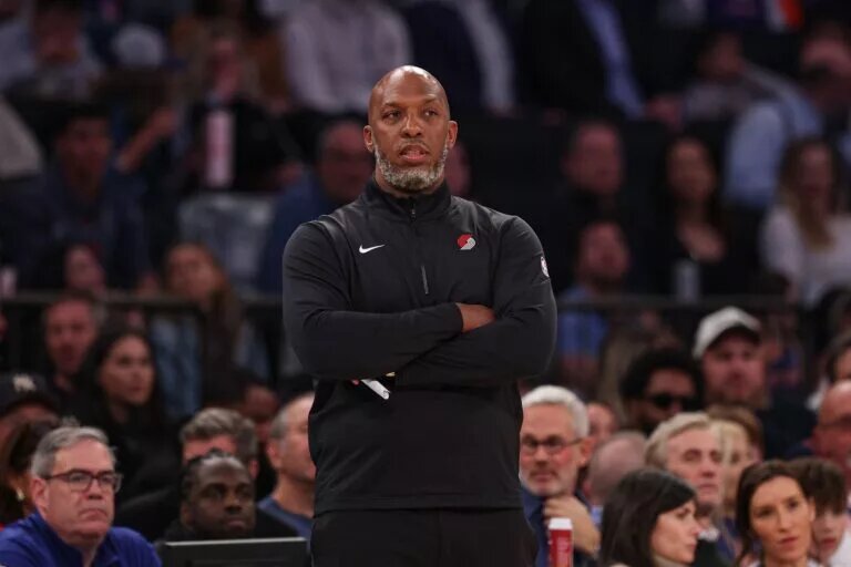 Mar 30, 2025; New York, New York, USA; Portland Trail Blazers head coach Chauncey Billups looks on during the first half against the New York Knicks at Madison Square Garden. Mandatory Credit: Vincent Carchietta-Imagn Images