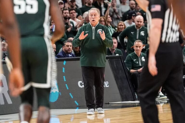 Michigan State head coach Tom Izzo reacts to a play against Auburn during the first half of the Elite Eight round of the NCAA tournament at State Farm Arena in Atlanta on Sunday, March 30, 2025.