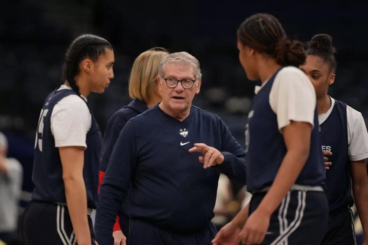Apr 3, 2025; Tampa, FL, USA; UConn Huskies head coach Geno Auriemma during practice at Amalie Arena. Mandatory Credit: Kirby Lee-Imagn Images
