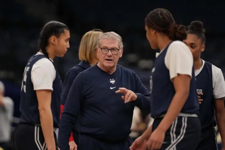 Apr 3, 2025; Tampa, FL, USA; UConn Huskies head coach Geno Auriemma during practice at Amalie Arena. Mandatory Credit: Kirby Lee-Imagn Images