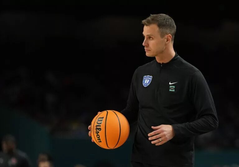 Apr 5, 2025; San Antonio, TX, USA; Duke Blue Devils head coach Jon Scheyer looks on against the Houston Cougars during the second half in the semifinals of the men's Final Four of the 2025 NCAA Tournament at the Alamodome. Mandatory Credit: Bob Donnan-Imagn Images