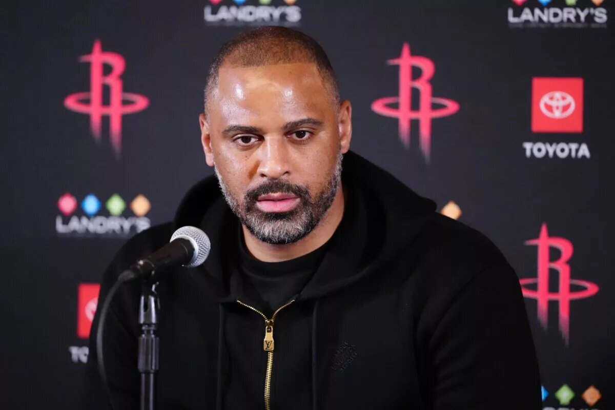 Apr 9, 2025; Inglewood, California, USA; Houston Rockets coach Ime Udoka at a press conference before a game against the LA Clippers at the Intuit Dome. Mandatory Credit: Kirby Lee-Imagn Images