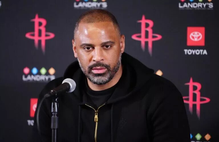 Apr 9, 2025; Inglewood, California, USA; Houston Rockets coach Ime Udoka at a press conference before a game against the LA Clippers at the Intuit Dome. Mandatory Credit: Kirby Lee-Imagn Images
