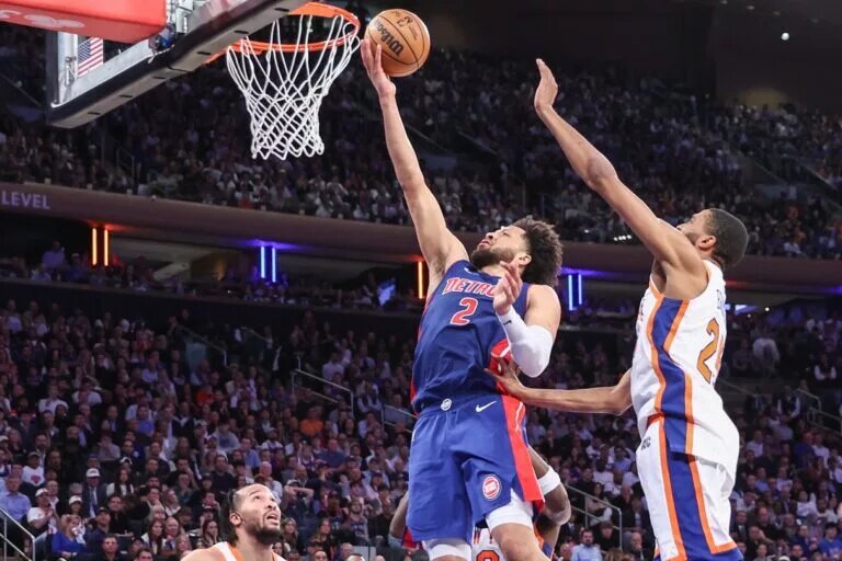 Apr 29, 2025; New York, New York, USA; Detroit Pistons guard Cade Cunningham (2) drives past New York Knicks forward Mikal Bridges (25) in the fourth quarter during game five of first round for the 2025 NBA Playoffs at Madison Square Garden. Mandatory Credit: Wendell Cruz-Imagn Images