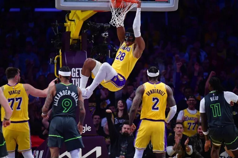 Apr 30, 2025; Los Angeles, California, USA; Los Angeles Lakers forward Rui Hachimura (28) dunks for the basket against the Minnesota Timberwolves during the second half in game five of first round for the 2025 NBA Playoffs at Crypto.com Arena. Mandatory Credit: Gary A. Vasquez-Imagn Images