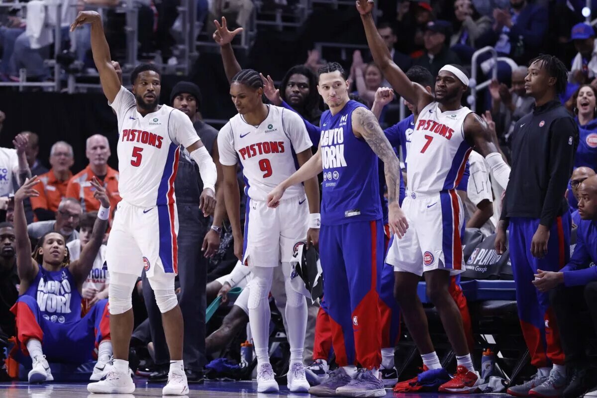 May 1, 2025; Detroit, Michigan, USA; Detroit Pistons guard Malik Beasley (5) celebrates a three point basket in the first half against the New York Knicks during game six of first round for the 2024 NBA Playoffs at Little Caesars Arena. Mandatory Credit: Rick Osentoski-Imagn Images