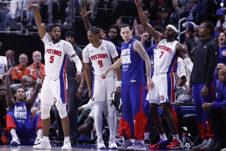 May 1, 2025; Detroit, Michigan, USA; Detroit Pistons guard Malik Beasley (5) celebrates a three point basket in the first half against the New York Knicks during game six of first round for the 2024 NBA Playoffs at Little Caesars Arena. Mandatory Credit: Rick Osentoski-Imagn Images