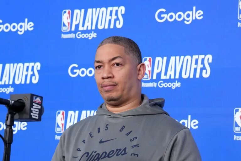 May 1, 2025; Inglewood, California, USA; LA Clippers coach Tyronn Lue at press conference during game six of first round for the 2025 NBA Playoffs against the Denver Nuggets at Intuit Dome. Mandatory Credit: Kirby Lee-Imagn Images