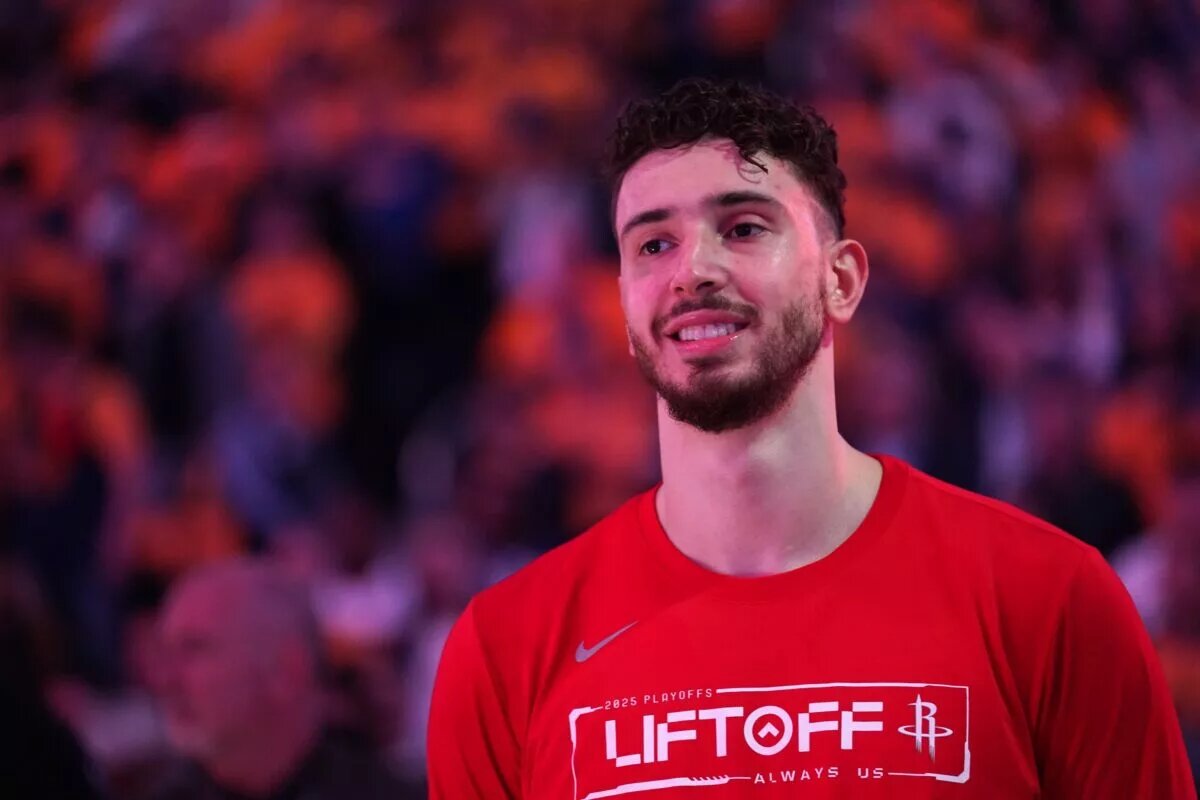 May 2, 2025; San Francisco, California, USA; Houston Rockets center Alperen Sengun (28) stands on the court against the Golden State Warriors before the start of game six of the first round for the 2025 NBA Playoffs at Chase Center. Mandatory Credit: Cary Edmondson-Imagn Images