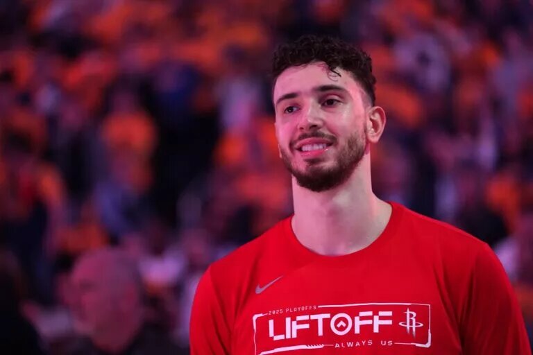 May 2, 2025; San Francisco, California, USA; Houston Rockets center Alperen Sengun (28) stands on the court against the Golden State Warriors before the start of game six of the first round for the 2025 NBA Playoffs at Chase Center. Mandatory Credit: Cary Edmondson-Imagn Images