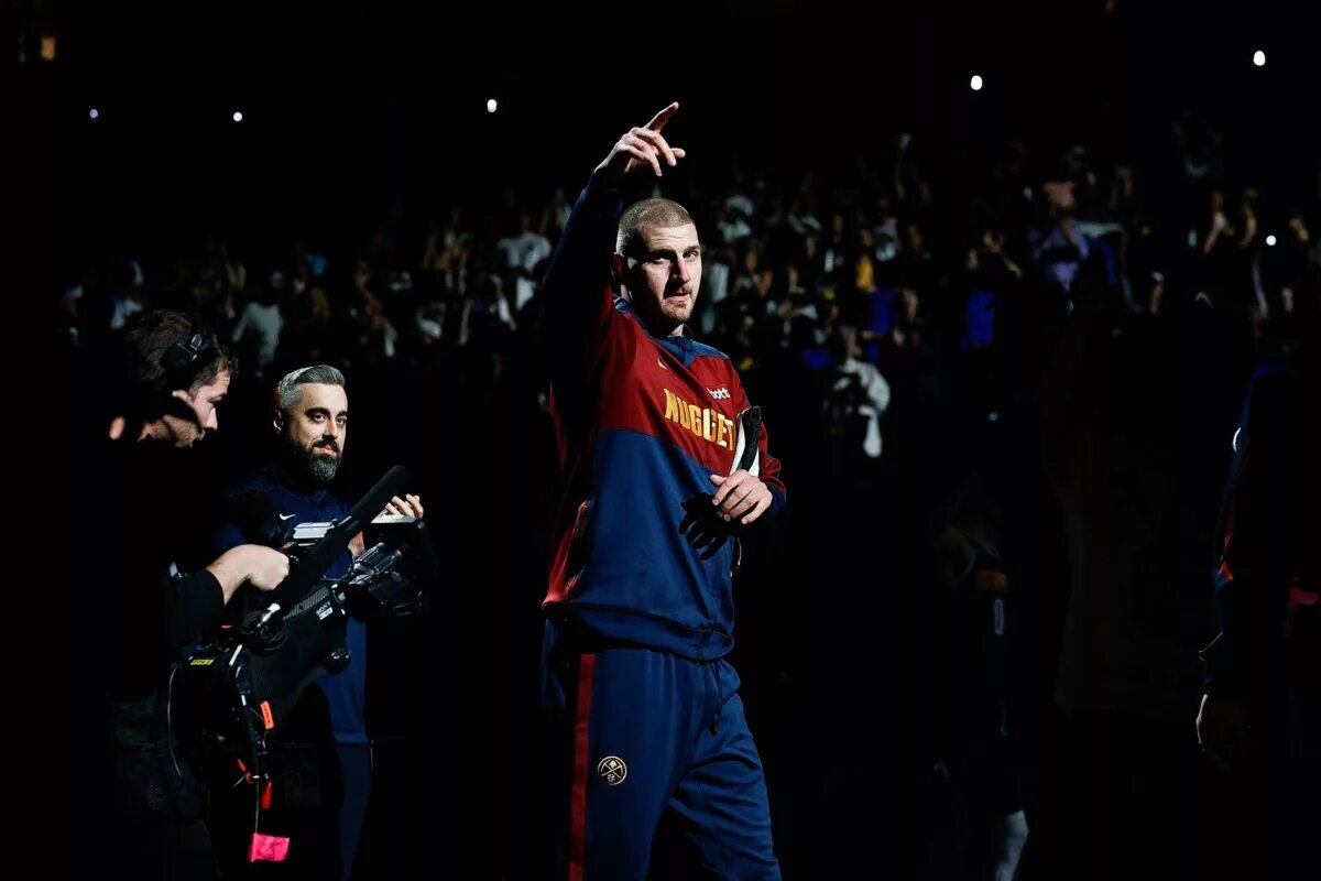 May 11, 2025; Denver, Colorado, USA; Denver Nuggets center Nikola Jokic (15) is introduced before game four against the Oklahoma City Thunder in the second round of the 2025 NBA Playoffs at Ball Arena. Mandatory Credit: Isaiah J. Downing-Imagn Images