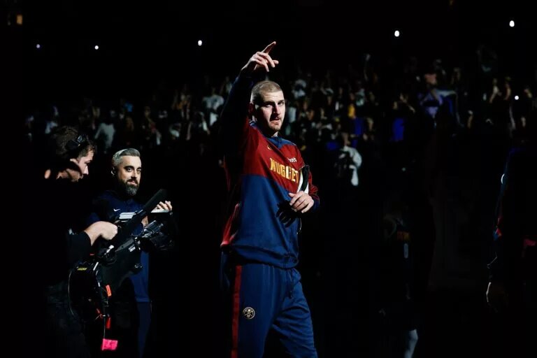 May 11, 2025; Denver, Colorado, USA; Denver Nuggets center Nikola Jokic (15) is introduced before game four against the Oklahoma City Thunder in the second round of the 2025 NBA Playoffs at Ball Arena. Mandatory Credit: Isaiah J. Downing-Imagn Images