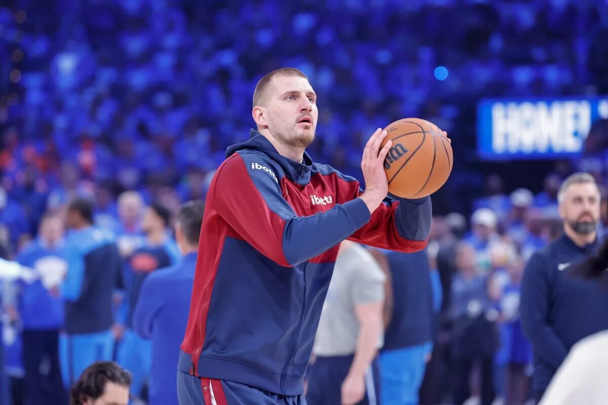 May 18, 2025; Oklahoma City, Oklahoma, USA; Denver Nuggets center Nikola Jokic (15) warms up before game seven of the second round against the Oklahoma City Thunder for the 2025 NBA Playoffs at Paycom Center. Mandatory Credit: Alonzo Adams-Imagn Images