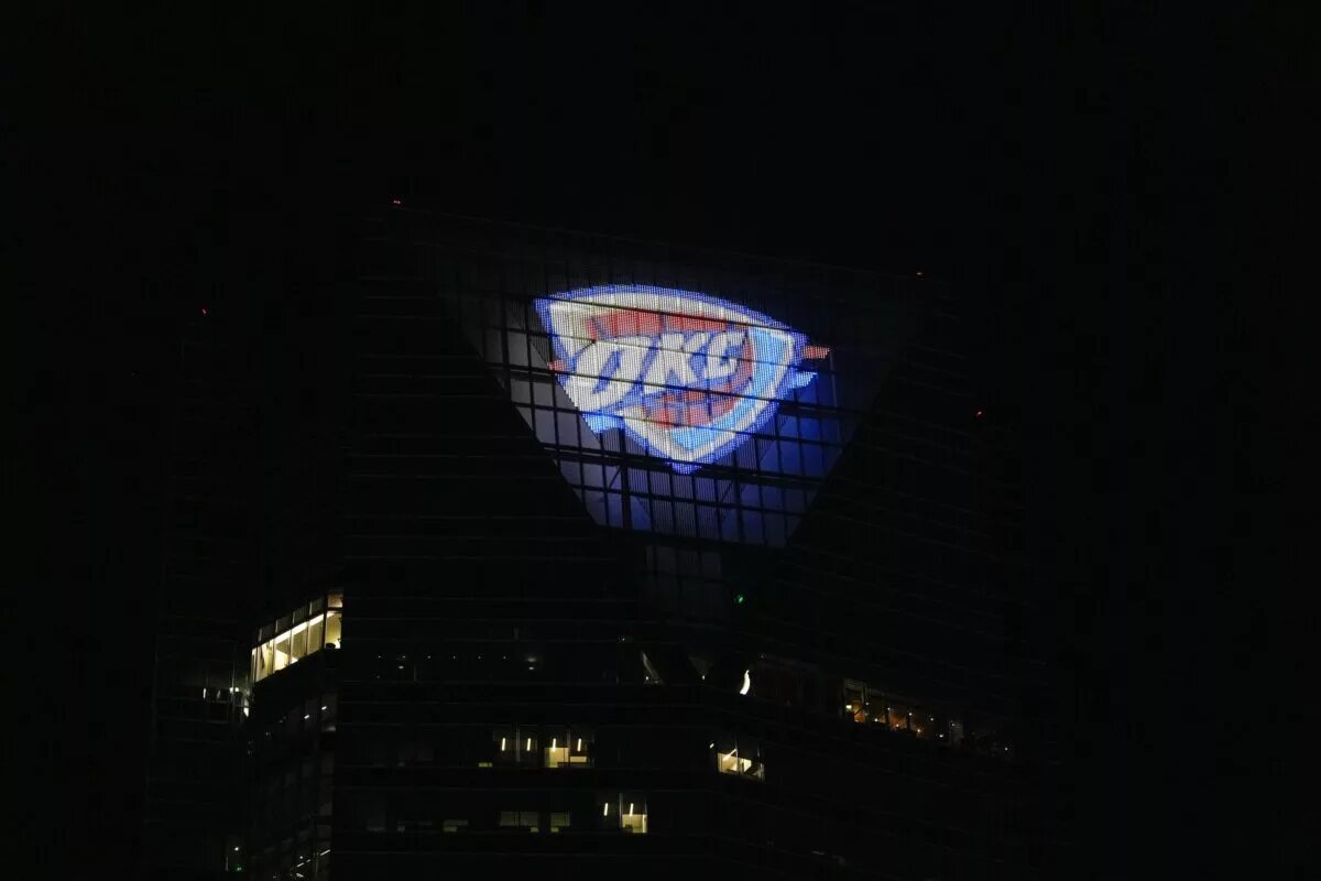 Devon Tower displays a Thunder logo in in Oklahoma City after game 6 of the NBA Finals, on Thursday, June 19, 2025.