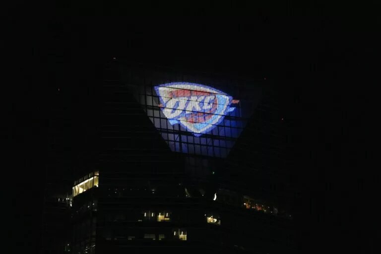 Devon Tower displays a Thunder logo in in Oklahoma City after game 6 of the NBA Finals, on Thursday, June 19, 2025.