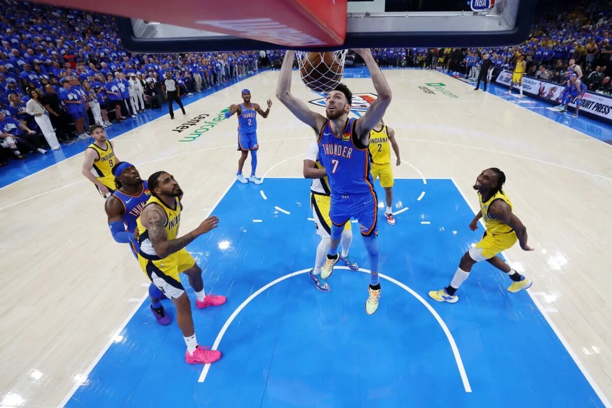 Jun 22, 2025; Oklahoma City, Oklahoma, USA; Oklahoma City Thunder forward Chet Holmgren (7) dunks against the Indiana Pacers during the second half during game seven of the 2025 NBA Finals at Paycom Center. Mandatory Credit: Matthew Stockman-Pool Photo via Imagn Images
