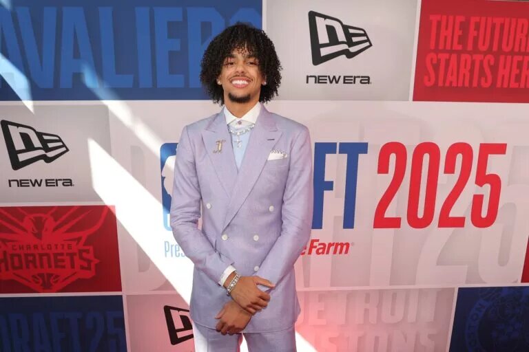 Jun 25, 2025; Brooklyn, NY, USA; Asa Newell arrives before the first round of the 2025 NBA Draft at Barclays Center. Mandatory Credit: Brad Penner-Imagn Images