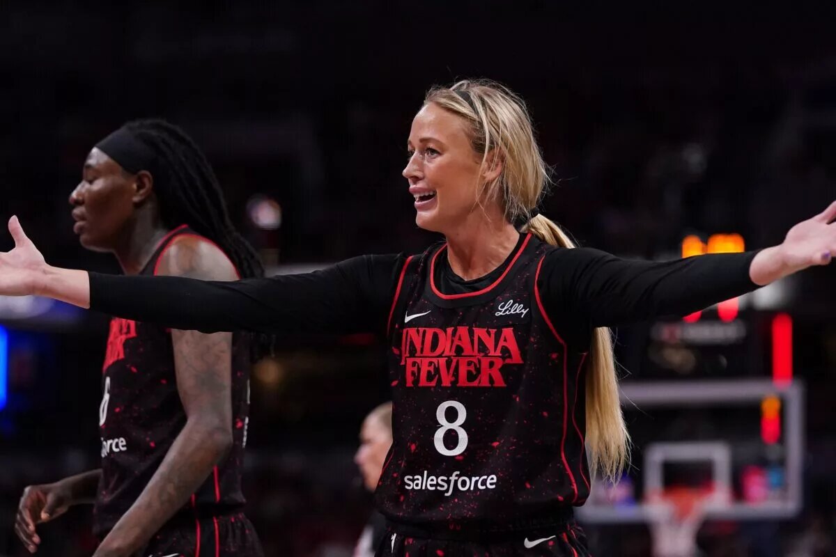 Indiana Fever guard Sophie Cunningham (8) reacts to a call from the referee on Tuesday, Aug. 12, 2025, during the game at Gainbridge Fieldhouse in Indianapolis. The Dallas Wings defeated the Indiana Fever, 81-80.