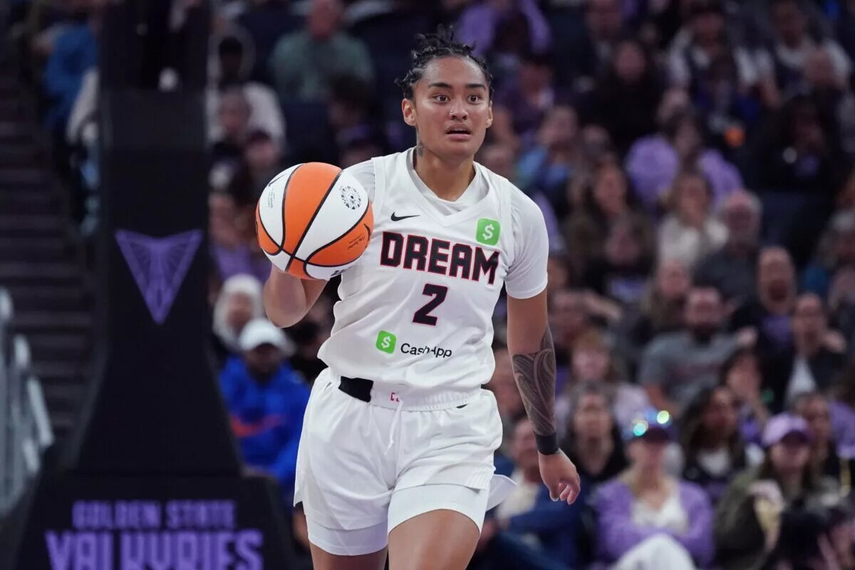 Aug 17, 2025; San Francisco, California, USA; Atlanta Dream guard Te-Hina Paopao (2) dribbles upcourt against the Golden State Valkyries in the fourth quarter at Chase Center. Mandatory Credit: David Gonzales-Imagn Images