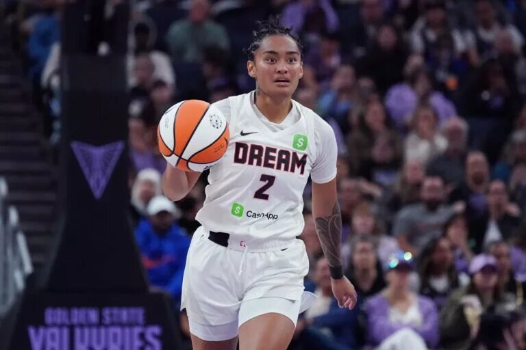 Aug 17, 2025; San Francisco, California, USA; Atlanta Dream guard Te-Hina Paopao (2) dribbles upcourt against the Golden State Valkyries in the fourth quarter at Chase Center. Mandatory Credit: David Gonzales-Imagn Images