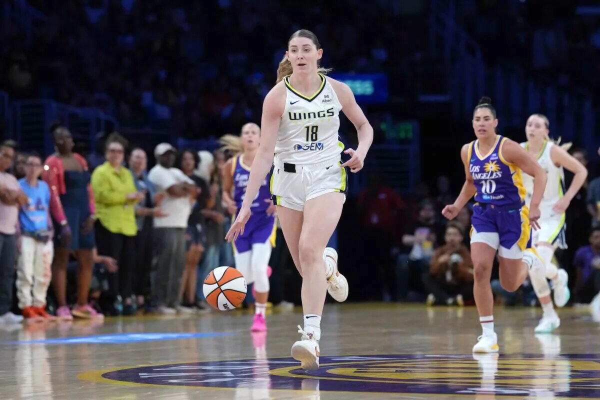 Aug 20, 2025; Los Angeles, California, USA; Dallas Wings center Luisa Geiselsoder (18) dribbles the ball against the LA Sparks in the first half at Crypto.com Arena. Mandatory Credit: Kirby Lee-Imagn Images