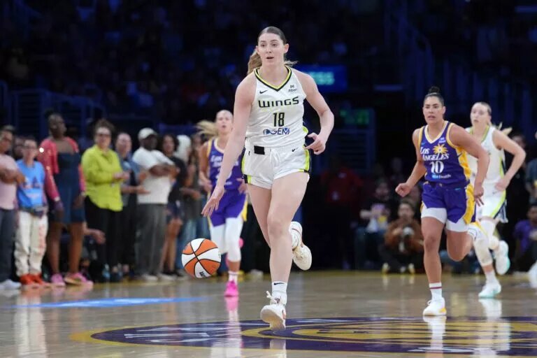 Aug 20, 2025; Los Angeles, California, USA; Dallas Wings center Luisa Geiselsoder (18) dribbles the ball against the LA Sparks in the first half at Crypto.com Arena. Mandatory Credit: Kirby Lee-Imagn Images