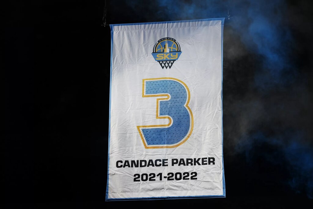Aug 25, 2025; Chicago, Illinois, USA; Chicago Sky franchise legend and WNBA Champion Candace Parker #3 jersey is raised during her jersey retainment ceremony during a WNBA game between the Chicago Sky and Las Vegas Aces at Wintrust Arena. Mandatory Credit: Kamil Krzaczynski-Imagn Images