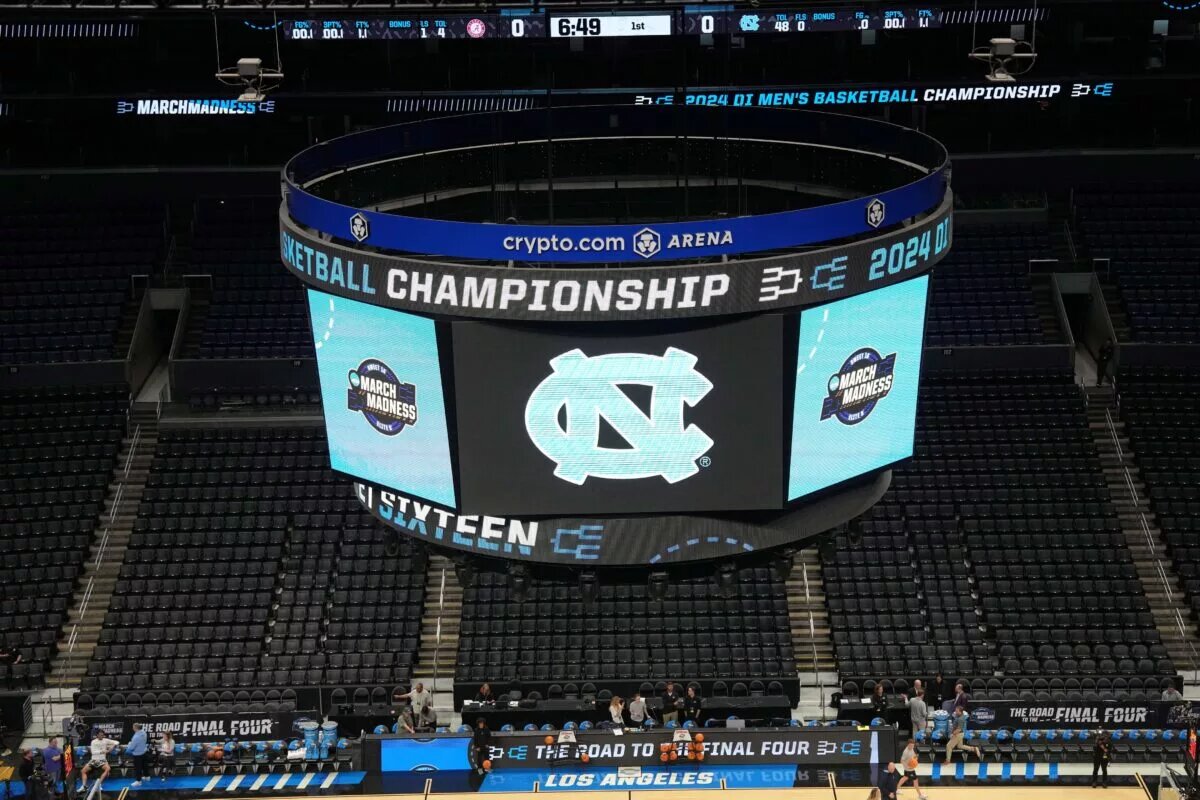 Mar 27, 2024; Los Angeles, CA, USA; The North Carolina Tar Heels logo on the video board during practice prior to NCAA Tournament at West Regional at Crypto.com Arena. Mandatory Credit: Kirby Lee-USA TODAY Sports