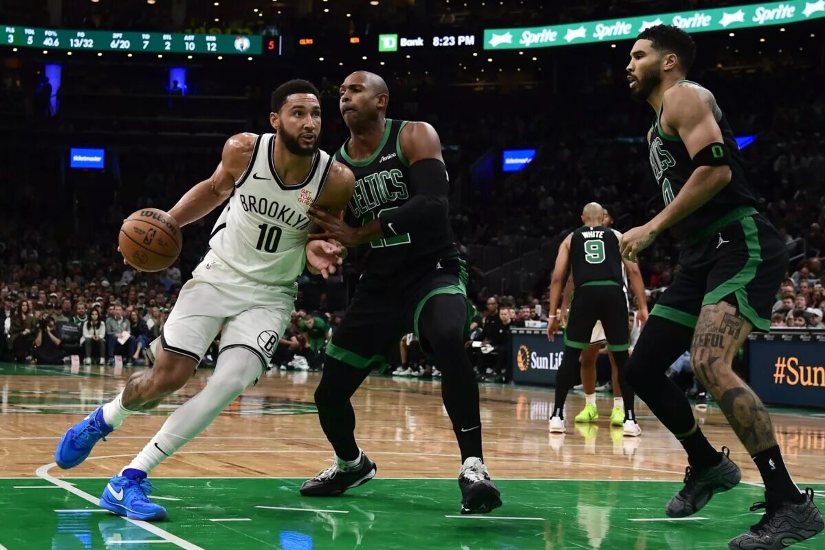 Brooklyn Nets point guard Ben Simmons drives against Boston Celtics