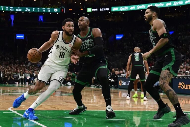 Brooklyn Nets point guard Ben Simmons drives against Boston Celtics