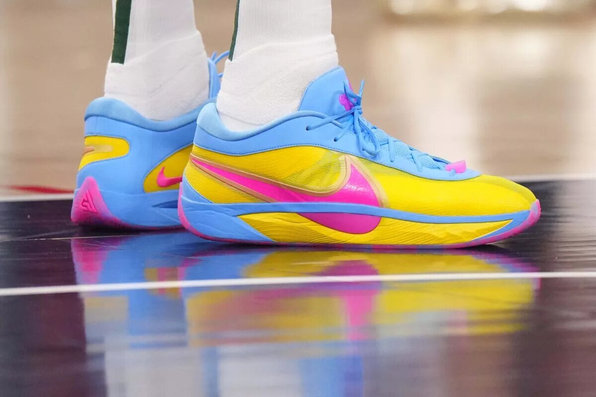 Jan 25, 2025; Inglewood, California, USA; The Nike Giannis Freak 6 shoes worn by Milwaukee Bucks forward Giannis Antetokounmpo against the LA Clippers at Intuit Dome. Mandatory Credit: Kirby Lee-Imagn Images