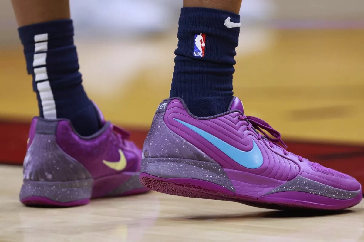 Mar 3, 2025; Miami, Florida, USA; A general view of the shoes worn by Washington Wizards guard Bub Carrington (8) against the Miami Heat during the second half at Kaseya Center. Mandatory Credit: Rhona Wise-Imagn Images