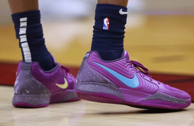 Mar 3, 2025; Miami, Florida, USA; A general view of the shoes worn by Washington Wizards guard Bub Carrington (8) against the Miami Heat during the second half at Kaseya Center. Mandatory Credit: Rhona Wise-Imagn Images