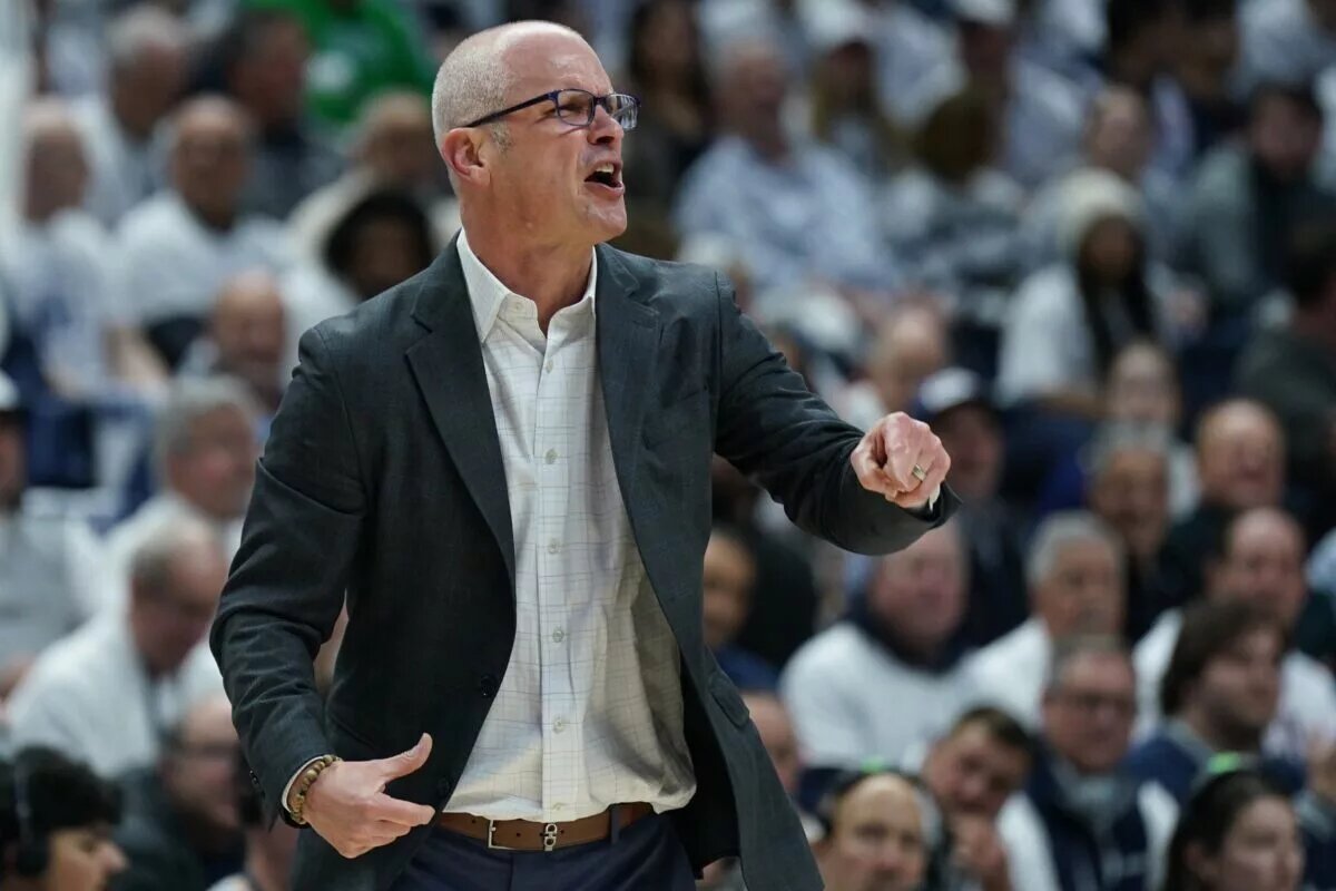 Mar 5, 2025; Storrs, Connecticut, USA; UConn Huskies head coach Dan Hurley watches from the sideline as they take on the Marquette Golden Eagles at Harry A. Gampel Pavilion. Mandatory Credit: David Butler II-Imagn Images