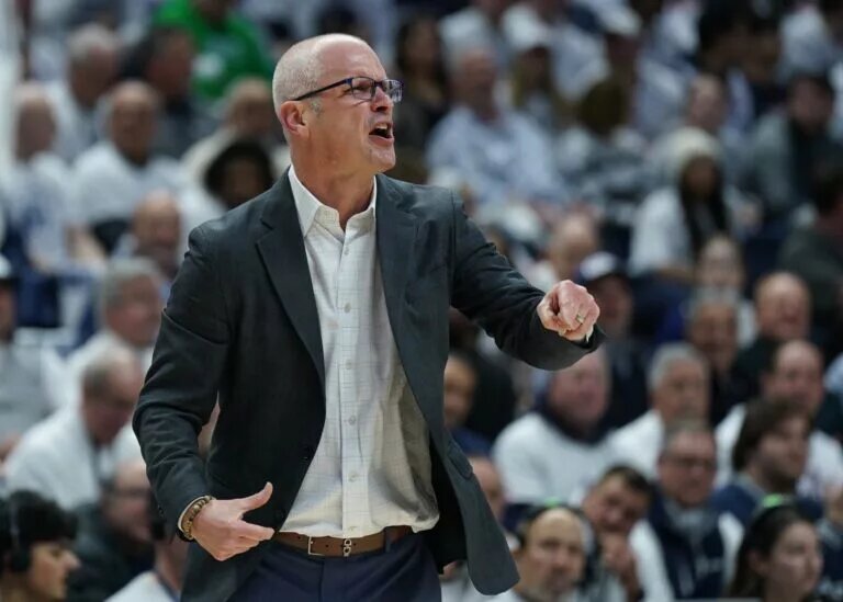 Mar 5, 2025; Storrs, Connecticut, USA; UConn Huskies head coach Dan Hurley watches from the sideline as they take on the Marquette Golden Eagles at Harry A. Gampel Pavilion. Mandatory Credit: David Butler II-Imagn Images