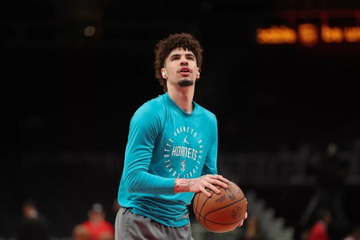 Mar 12, 2025; Atlanta, Georgia, USA; Charlotte Hornets guard LaMelo Ball (1) warms up on the court before the game against the Atlanta Hawks at State Farm Arena. Mandatory Credit: Mady Mertens-Imagn Images