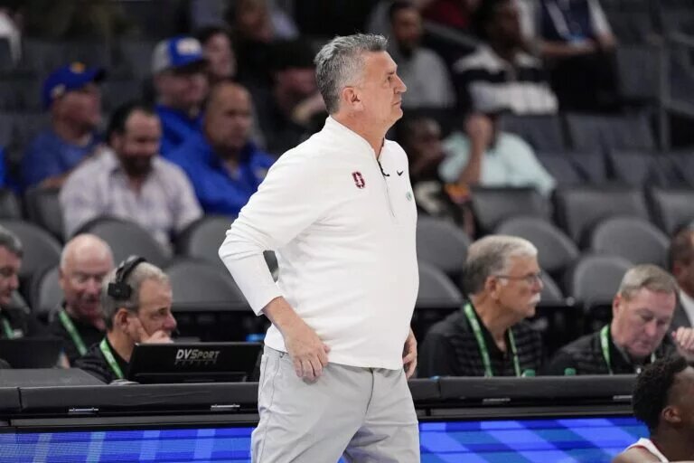 Mar 12, 2025; Charlotte, NC, USA; Stanford Cardinal head coach Kyle Smith during the first half against the California Golden Bears at Spectrum Center. Mandatory Credit: Jim Dedmon-Imagn Images