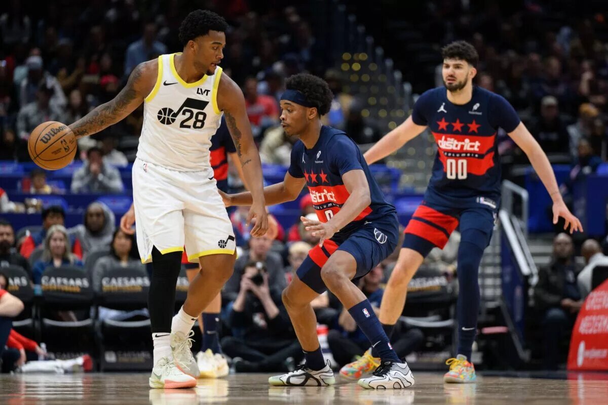 Washington Wizards wing Bilal Coulibaly guards Utah Jazz wing Brice Sensabaugh