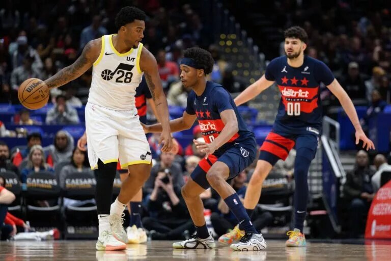 Washington Wizards wing Bilal Coulibaly guards Utah Jazz wing Brice Sensabaugh