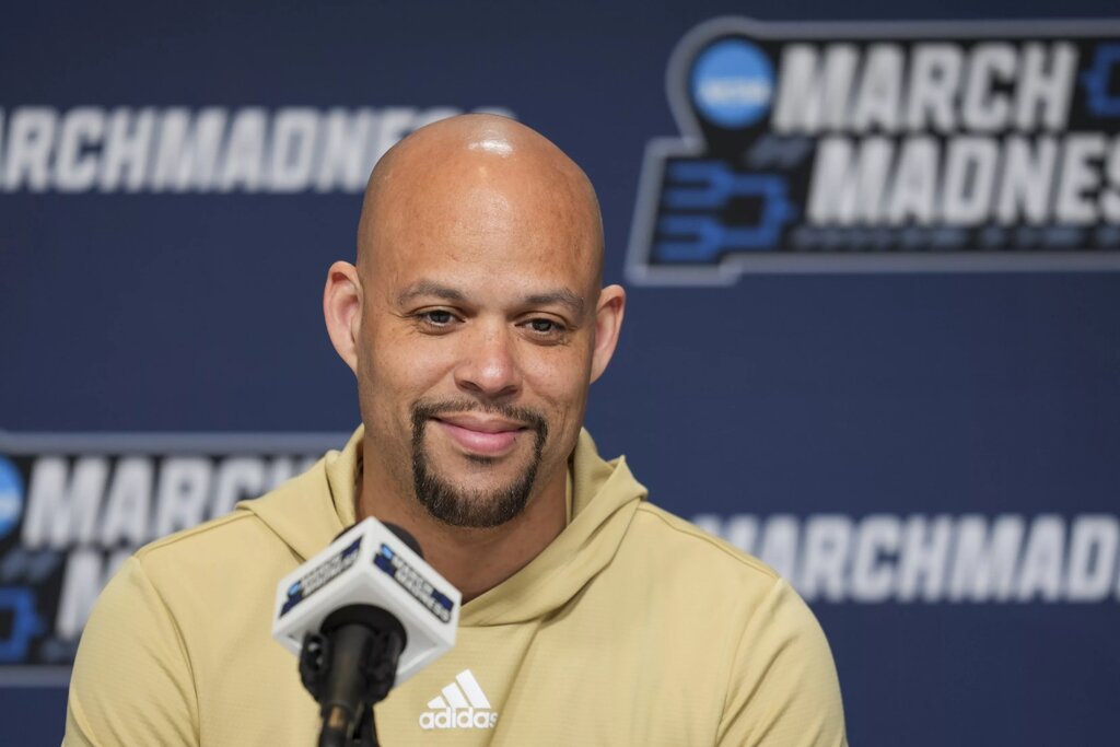 Mar 19, 2025; Lexington, KY, USA; Woofford head coach Dwight Perry speak to media during NCAA Tournament First Round Practice at Rupp Arena. Mandatory Credit: Aaron Doster-Imagn Images