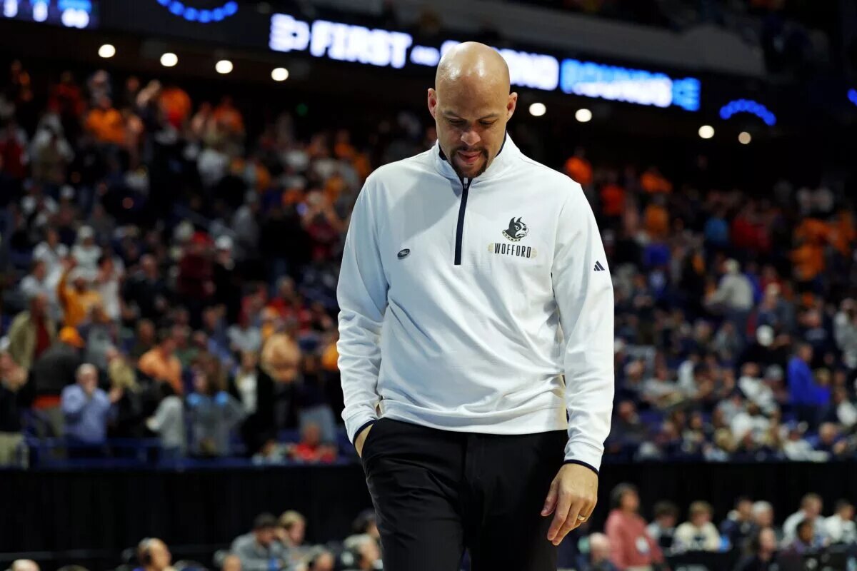 Mar 20, 2025; Lexington, KY, USA; Wofford Terriers head coach Dwight Perry reacts during the second half against the Tennessee Volunteers in the first round of the NCAA Tournament at Rupp Arena. Mandatory Credit: Jordan Prather-Imagn Images
