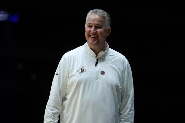 Mar 28, 2025; Indianapolis, IN, USA; Purdue Boilermakers head coach Matt Painter reacts in the first half during a Midwest Regional semifinal of the 2025 NCAA tournament at Lucas Oil Stadium. Mandatory Credit: Trevor Ruszkowski-Imagn Images