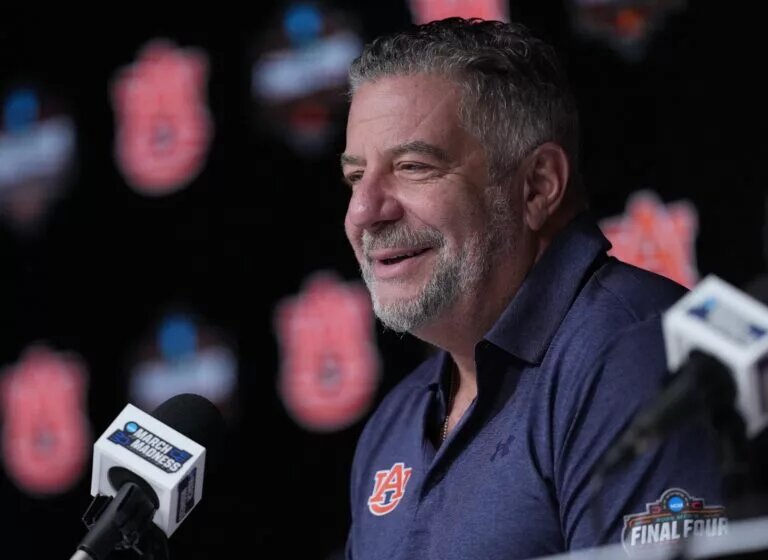 Apr 3, 2025; San Antonio, TX, USA; Auburn head coach Bruce Pearl talks to the media at the Alamodome. Mandatory Credit: Robert Deutsch-Imagn Images