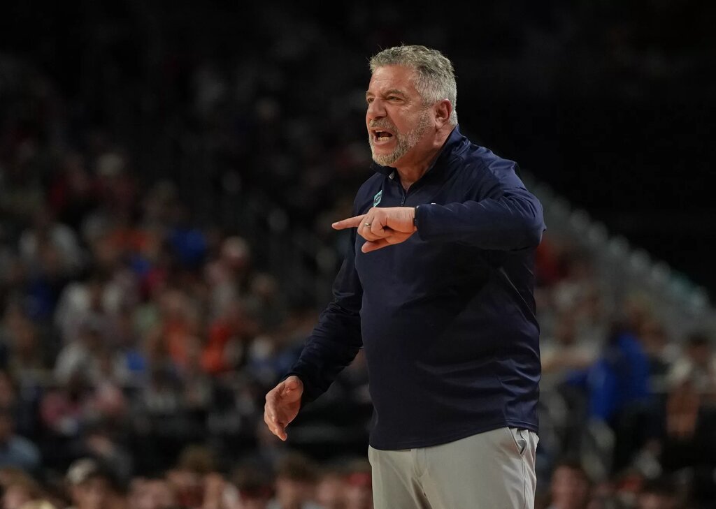 Apr 5, 2025; San Antonio, TX, USA; Auburn Tigers head coach Bruce Pearl reacts after a play against the Florida Gators during the second half in the semifinals of the men's Final Four of the 2025 NCAA Tournament at the Alamodome. Mandatory Credit: Bob Donnan-Imagn Images