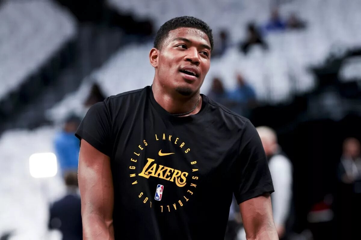 Apr 9, 2025; Dallas, Texas, USA; Los Angeles Lakers forward Rui Hachimura (28) warms up before the game against the Dallas Mavericks at American Airlines Center. Mandatory Credit: Kevin Jairaj-Imagn Images