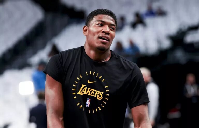 Apr 9, 2025; Dallas, Texas, USA; Los Angeles Lakers forward Rui Hachimura (28) warms up before the game against the Dallas Mavericks at American Airlines Center. Mandatory Credit: Kevin Jairaj-Imagn Images