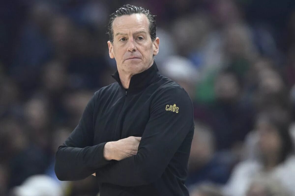 Apr 13, 2025; Cleveland, Ohio, USA; Cleveland Cavaliers head coach Kenny Atkinson stands on the court in the first quarter against the Indiana Pacers at Rocket Arena. Mandatory Credit: David Richard-Imagn Images