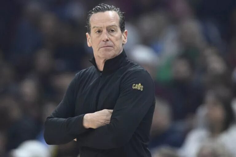 Apr 13, 2025; Cleveland, Ohio, USA; Cleveland Cavaliers head coach Kenny Atkinson stands on the court in the first quarter against the Indiana Pacers at Rocket Arena. Mandatory Credit: David Richard-Imagn Images